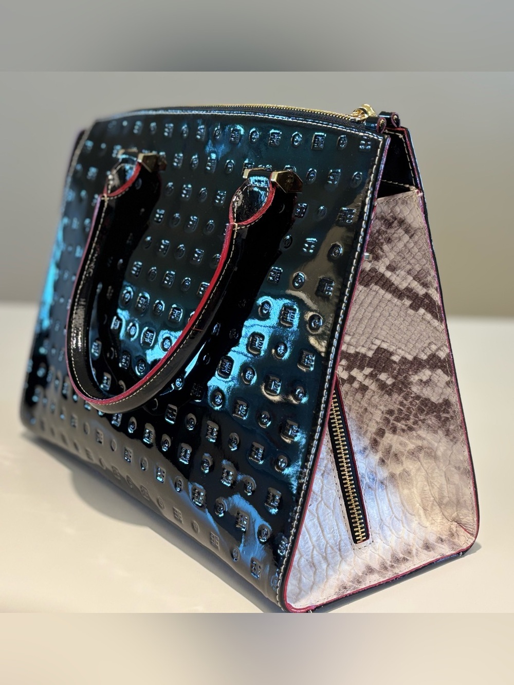 Arcadia Patent Leather Snakeskin Trim Satchel - Picture 14 of 14